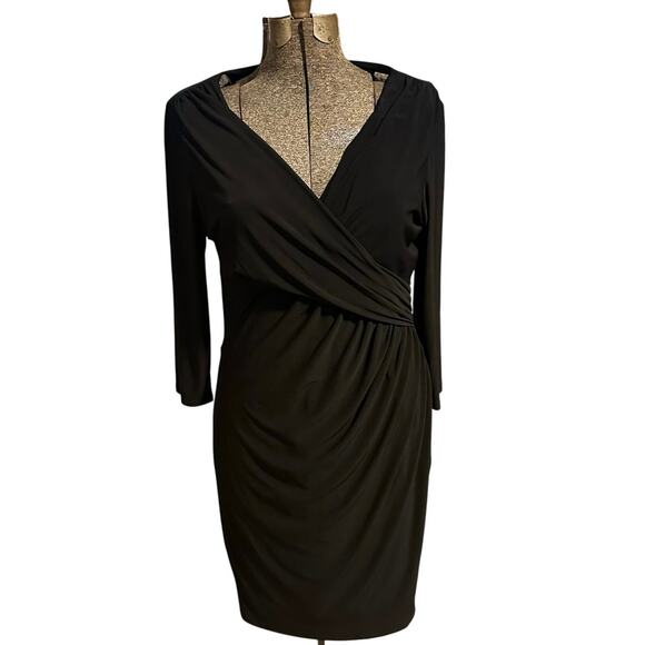 Lauren Ralph Lauren Black Faux Wrap Dress Ruched Sheath 16 Cocktail Career Work - Picture 3 of 7